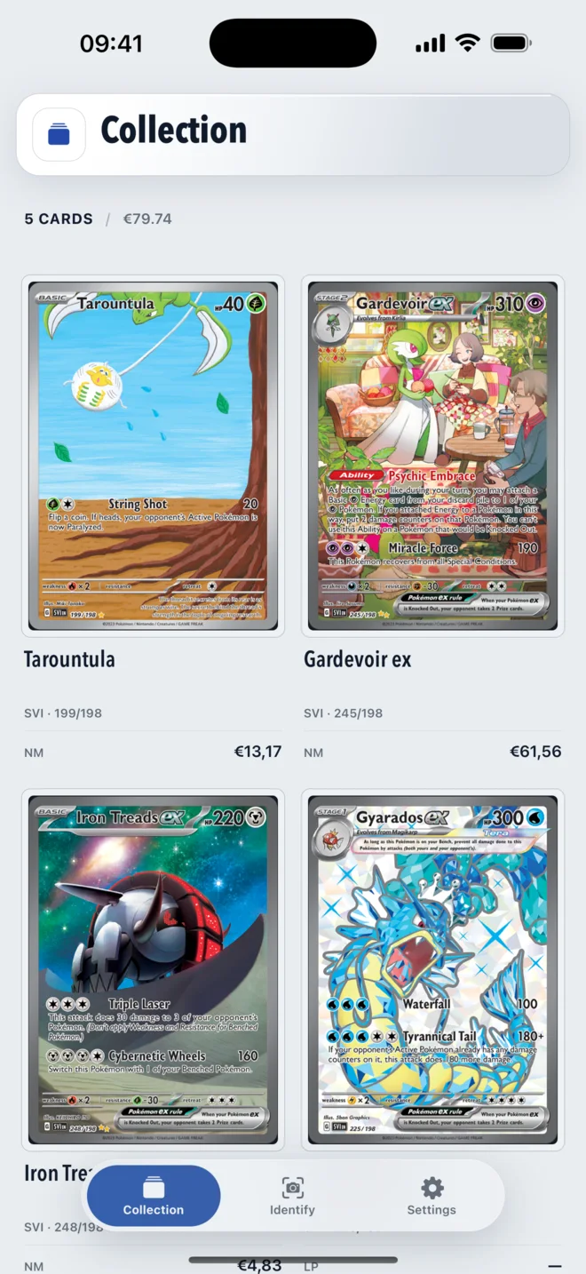 Foily collection screen with five saved Pokémon cards
