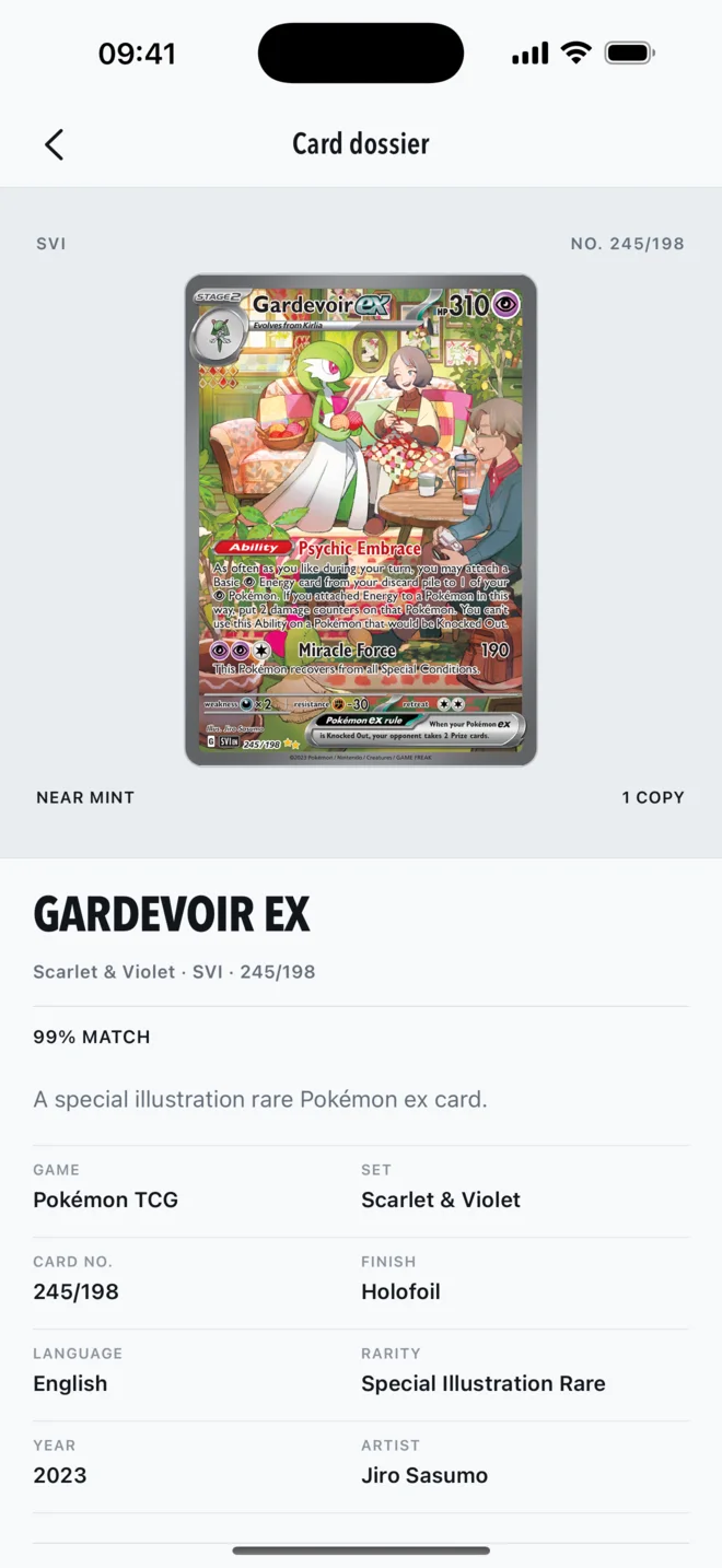 Foily card dossier showing exact printing details
