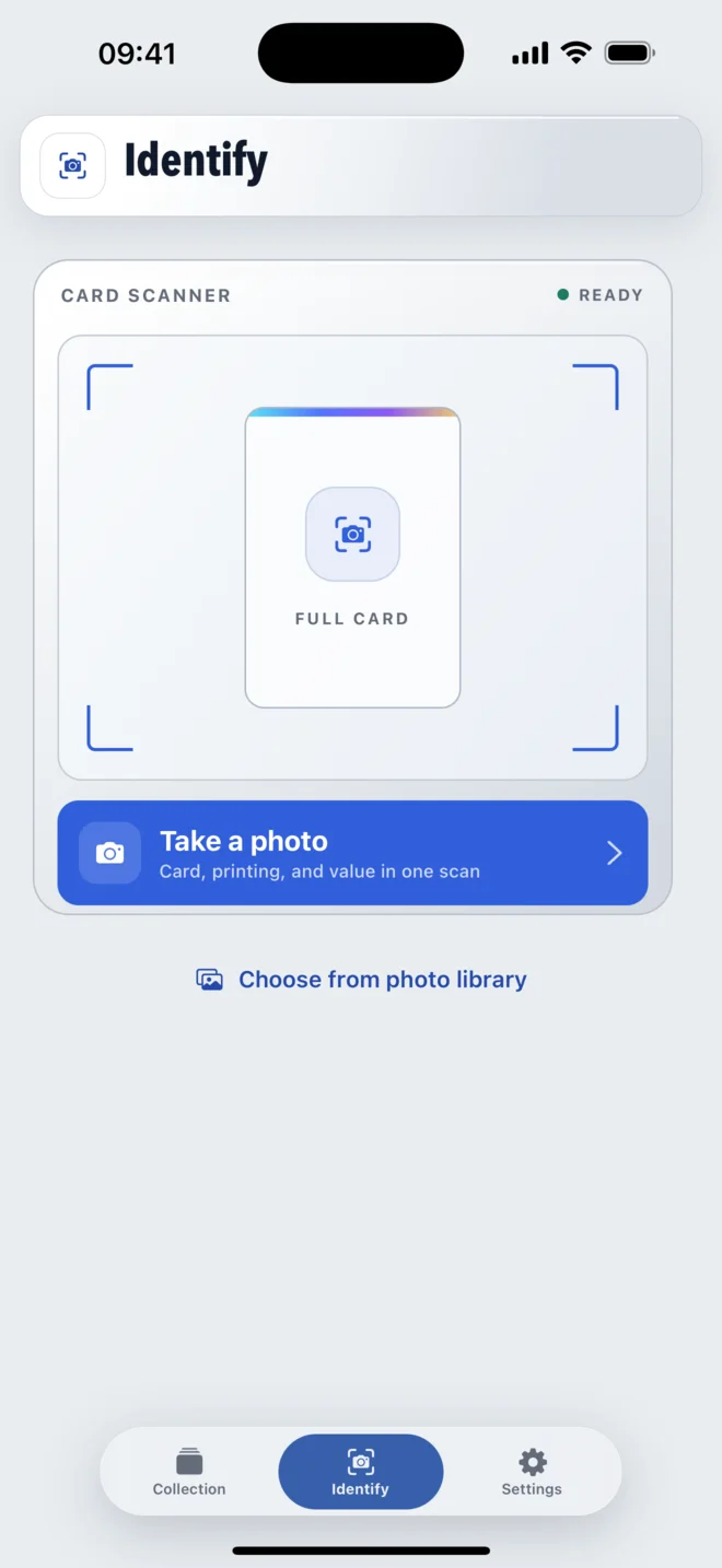 Foily Identify screen with a card inspection tray